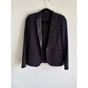 The Kooples Navy Blue Blazer with Leather Lapels Single Button Jacket Size 34